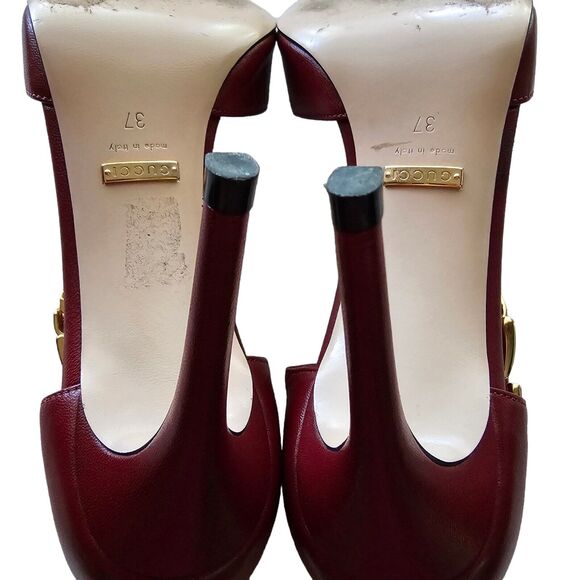 Gucci Malaga Kid Sylvie Gold Chain Pumps Heels Size 37 US 7 Burgundy Red Pointed - Picture 8 of 12